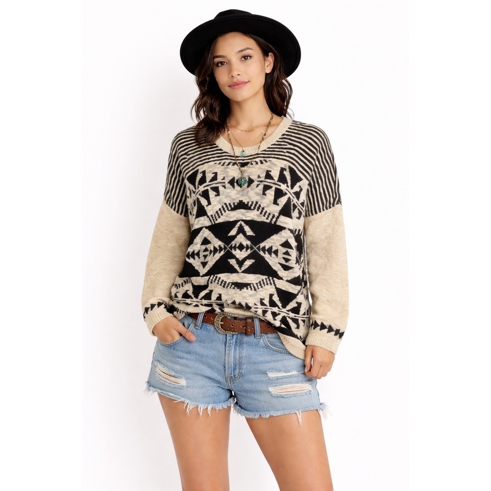 Aztec Print Sweater Boho Oversized Knit‎ Beige Black Y2K Small